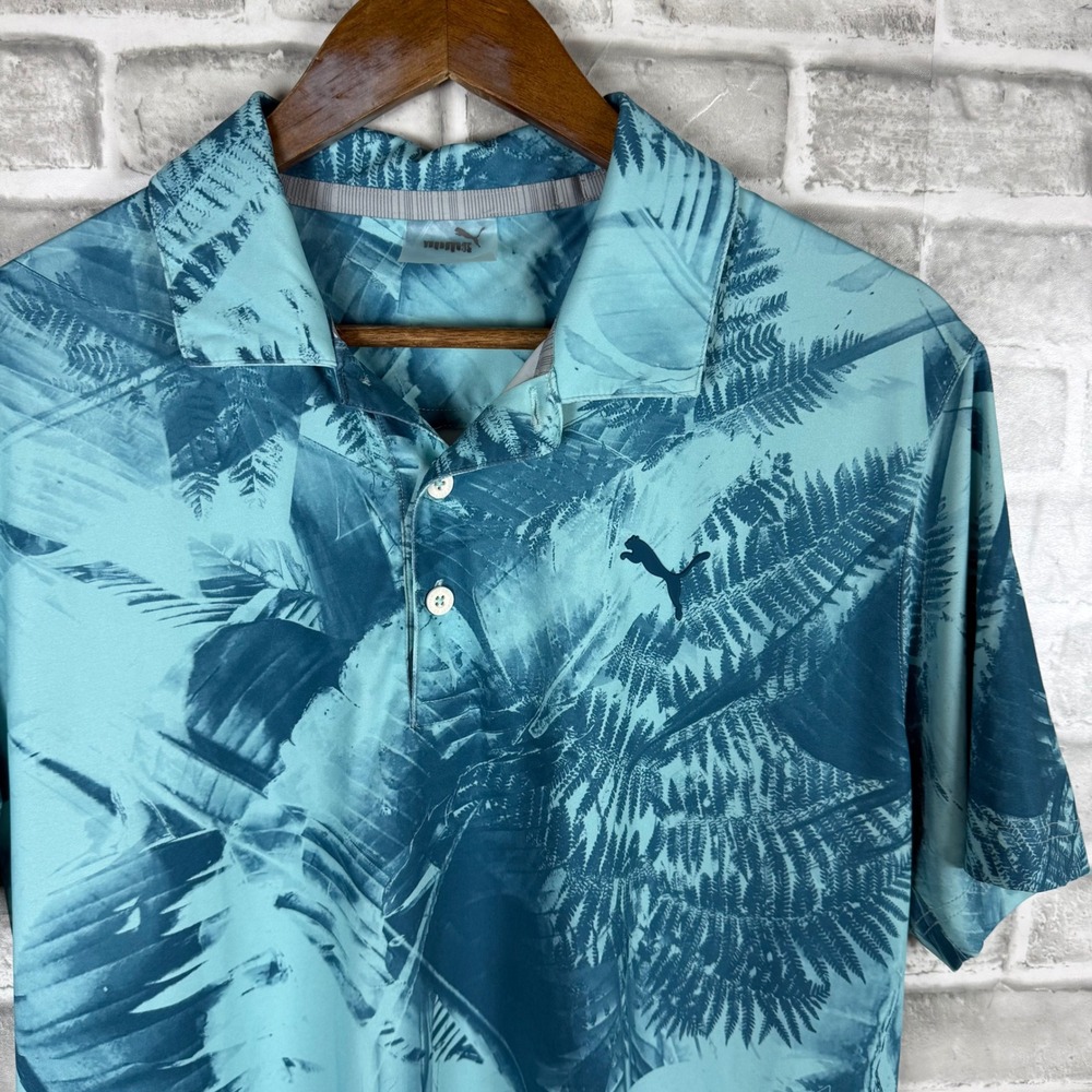 Puma Golf Mens Tropical Palm Leaf Print Polo Shirt Teal Blue Short Sleeve Large